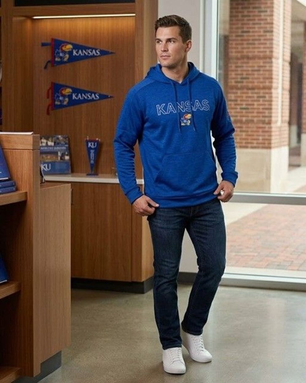 Adidas Kansas Jayhawks Hoodie Pullover Mens 2XL Blue KU Sweatshirt Training Team